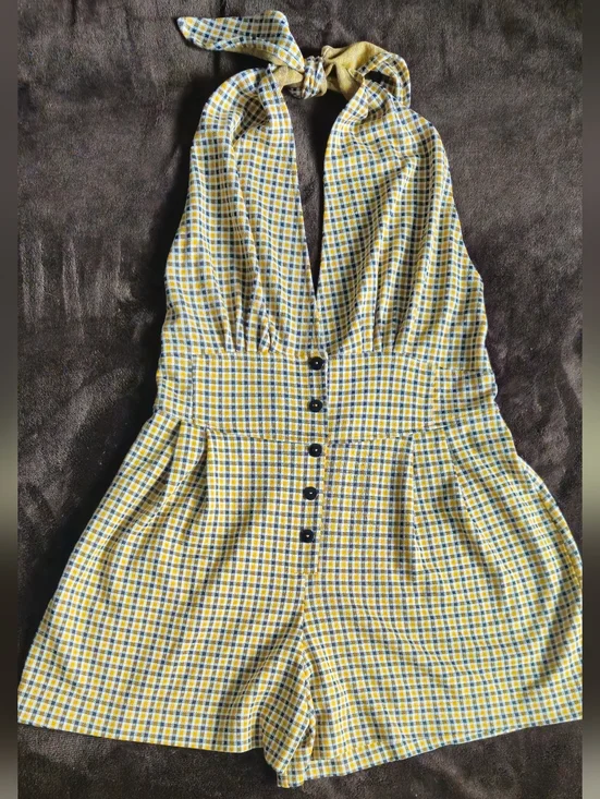 ASOS Yellow, Black & White Plaid Halter Shorts Romper/Jumper - Size 10 - Picture 1 of 4